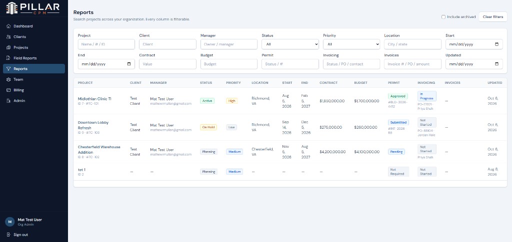 Pillar CPM reports dashboard with filterable project portfolio table